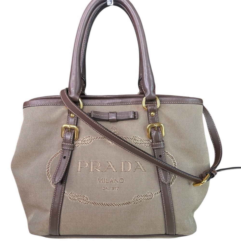 Prada Tan and Brown Canvas Tote